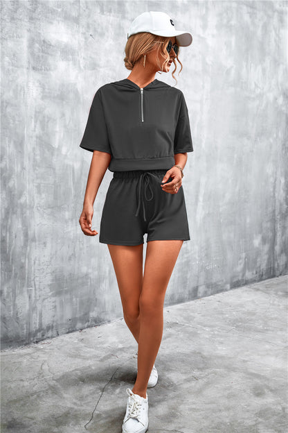 Half Zip Cropped Hooded T-Shirt and Shorts Set