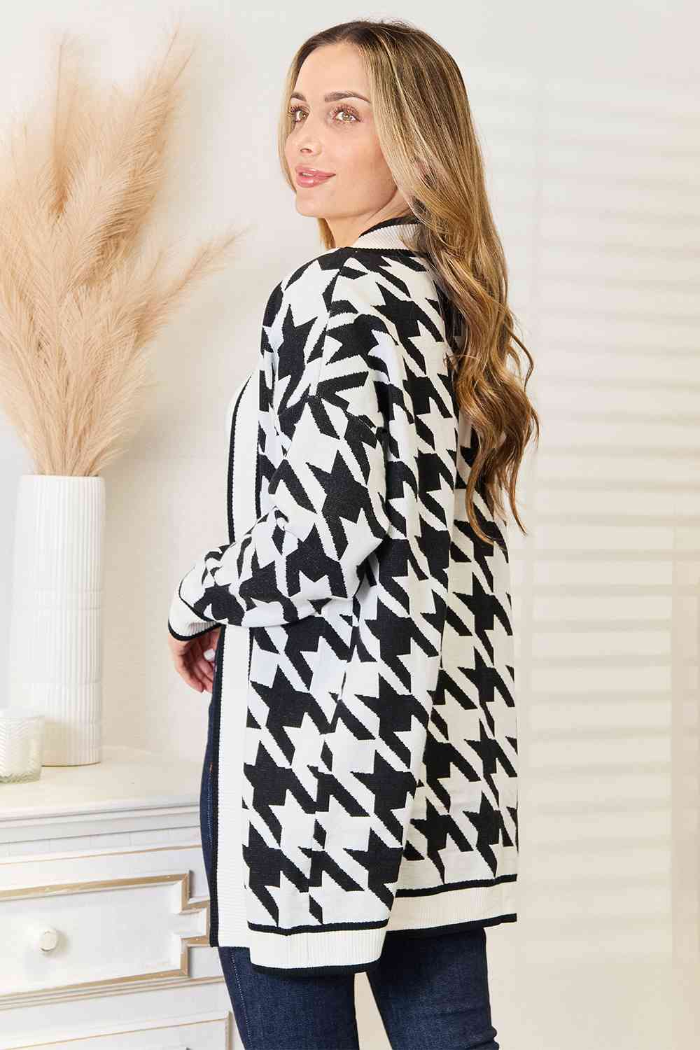 Woven Right Houndstooth Open Front Longline Cardigan