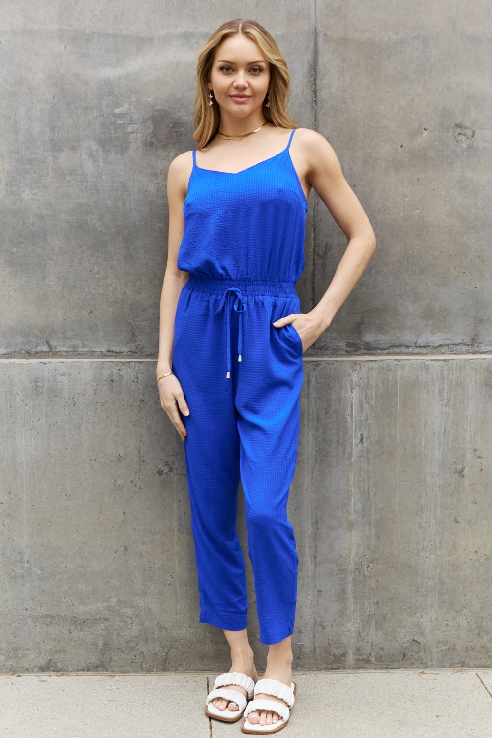 ODDI Full Size Textured Woven Jumpsuit in Royal Blue