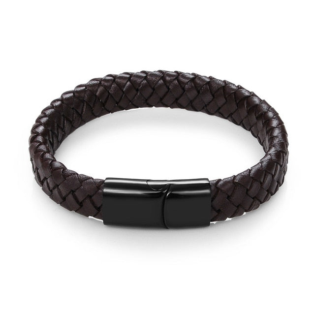 MENS FASHION BLACK/BROWN BRAIDED LEATHER BRACELET STAINLESS STEEL MAGNETIC CLASP FASHION BANGLES