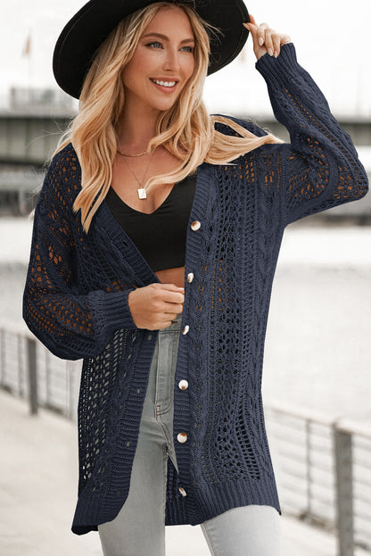 Openwork Ribbed Cuff Longline Cardigan