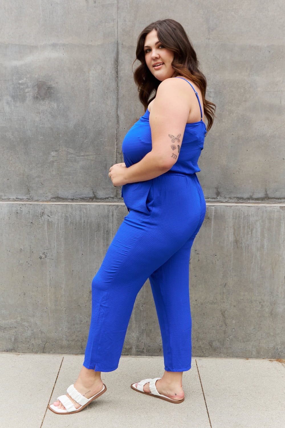 ODDI Full Size Textured Woven Jumpsuit in Royal Blue