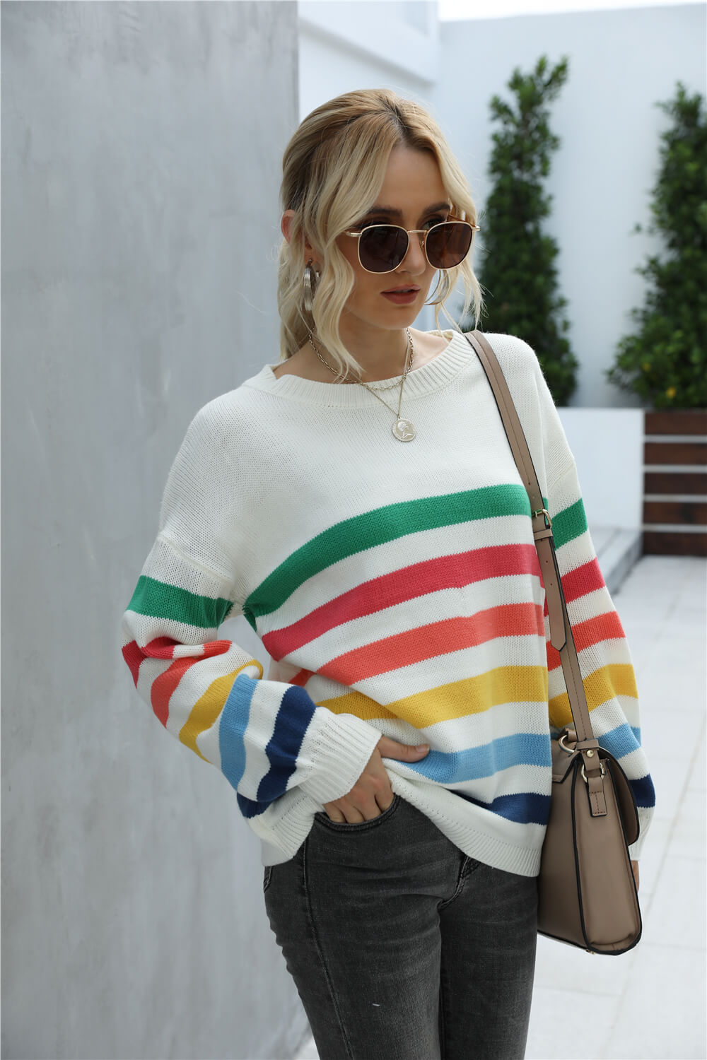 Rainbow Stripe Dropped Shoulder Sweater