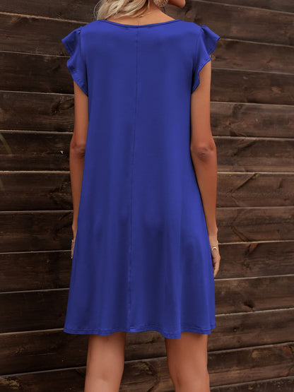 Round Neck Flutter Sleeve Dress with Pockets