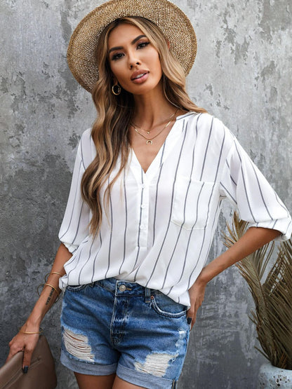 Striped V-Neck High-Low Shirt with Breast Pocket ( multiple color options)