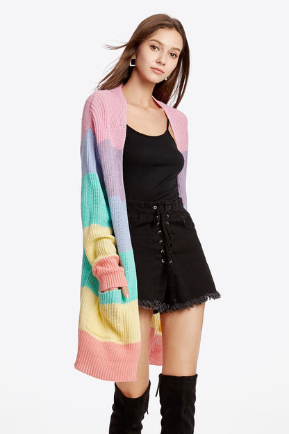 Color Block Open Front Drop Shoulder Cardigan with Pockets