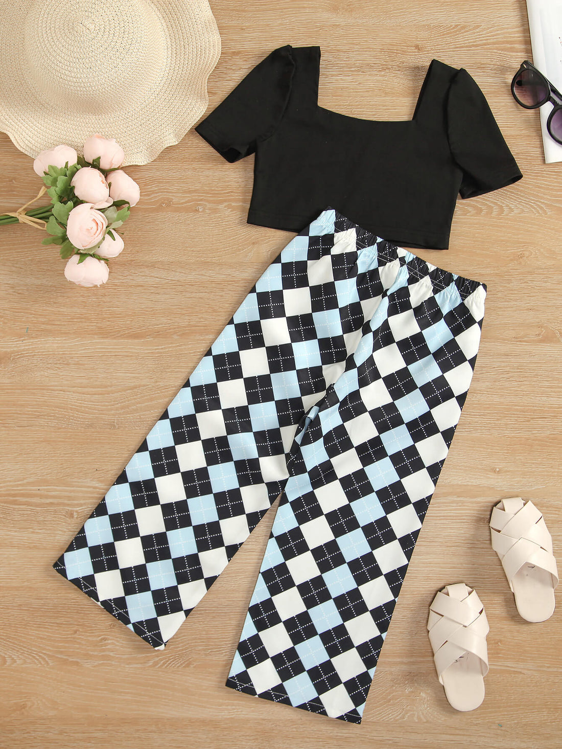 Girls Square Neck Cropped Tee and Argyle Pants Set