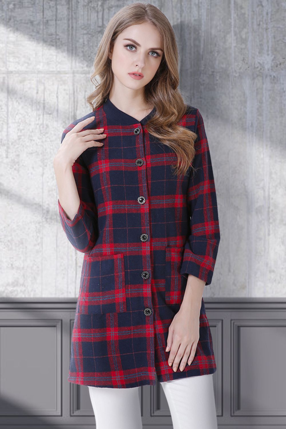 Full Size Plaid Button Down Longline Jacket with Pockets