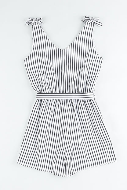 Striped Tie-Shoulder Belted Surplice Romper