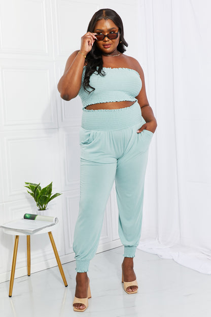 Zenana Full Size Stylish Comfort Smocked Tube Top &amp; Joggers Set