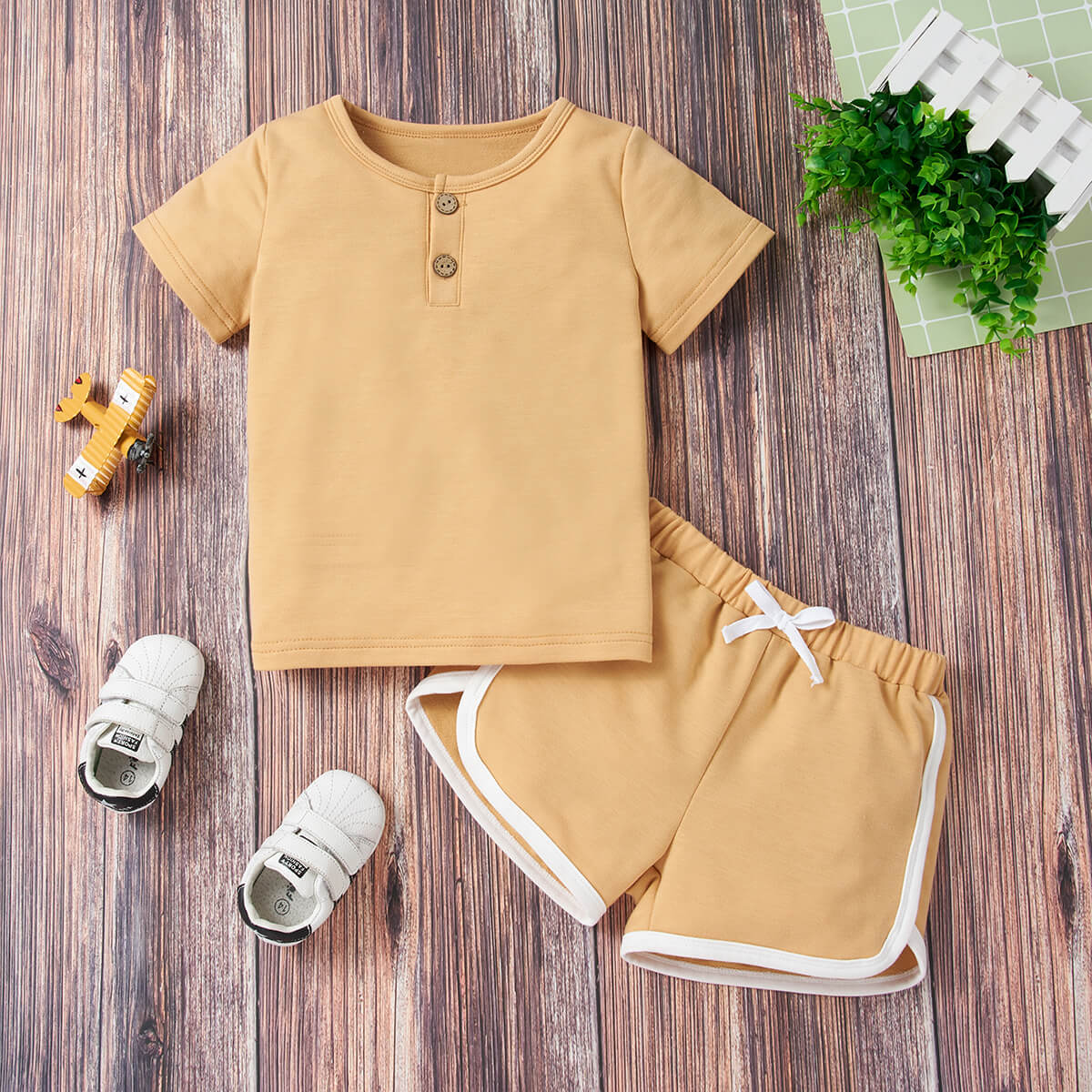 Kids Quarter Button T-Shirt and Drawstring Waist Shorts Set