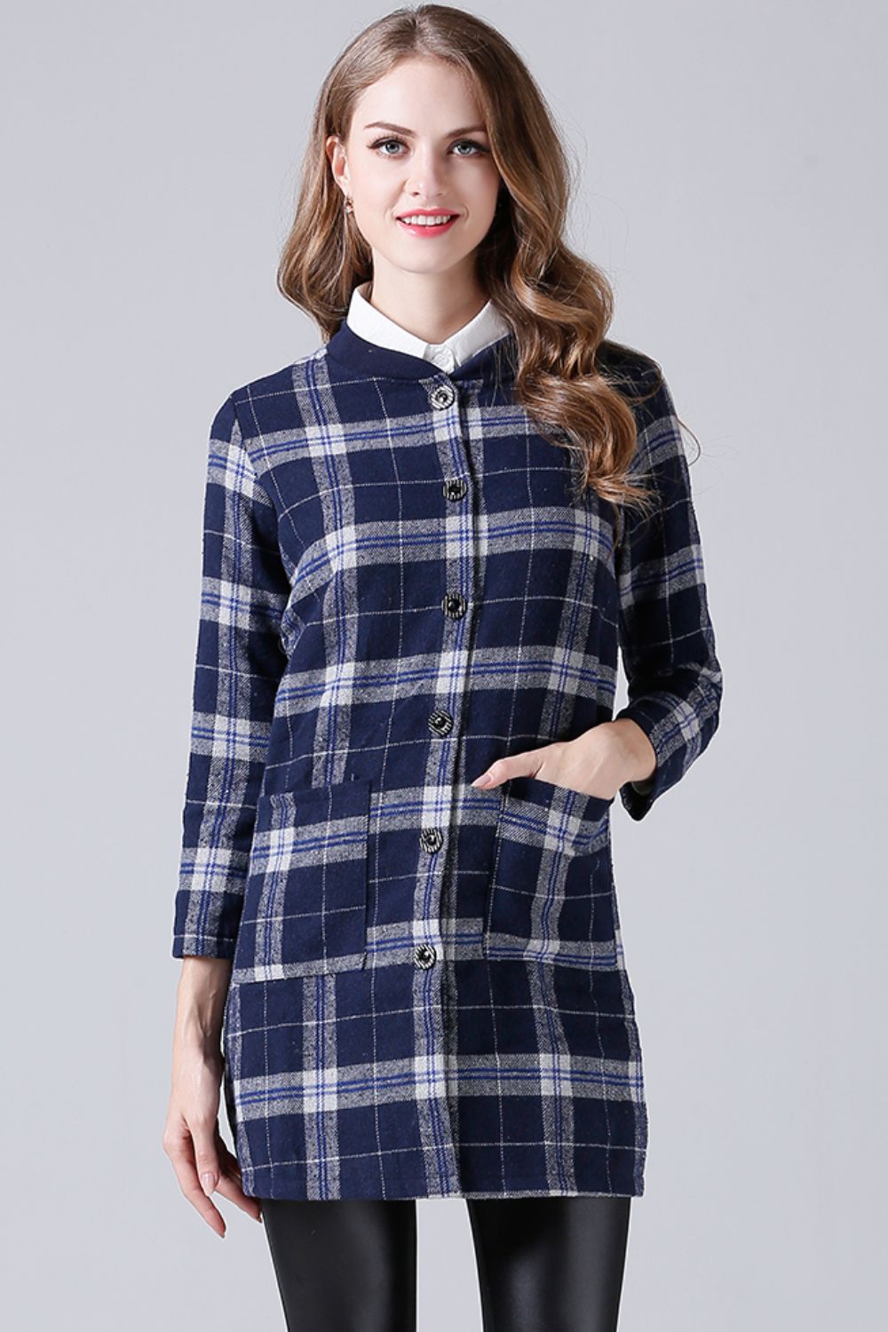 Full Size Plaid Button Down Longline Jacket with Pockets