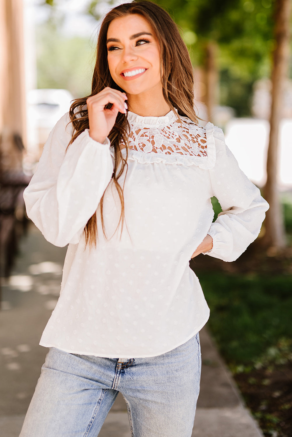 Dotted Lace Yoke Frill Trim Blouse