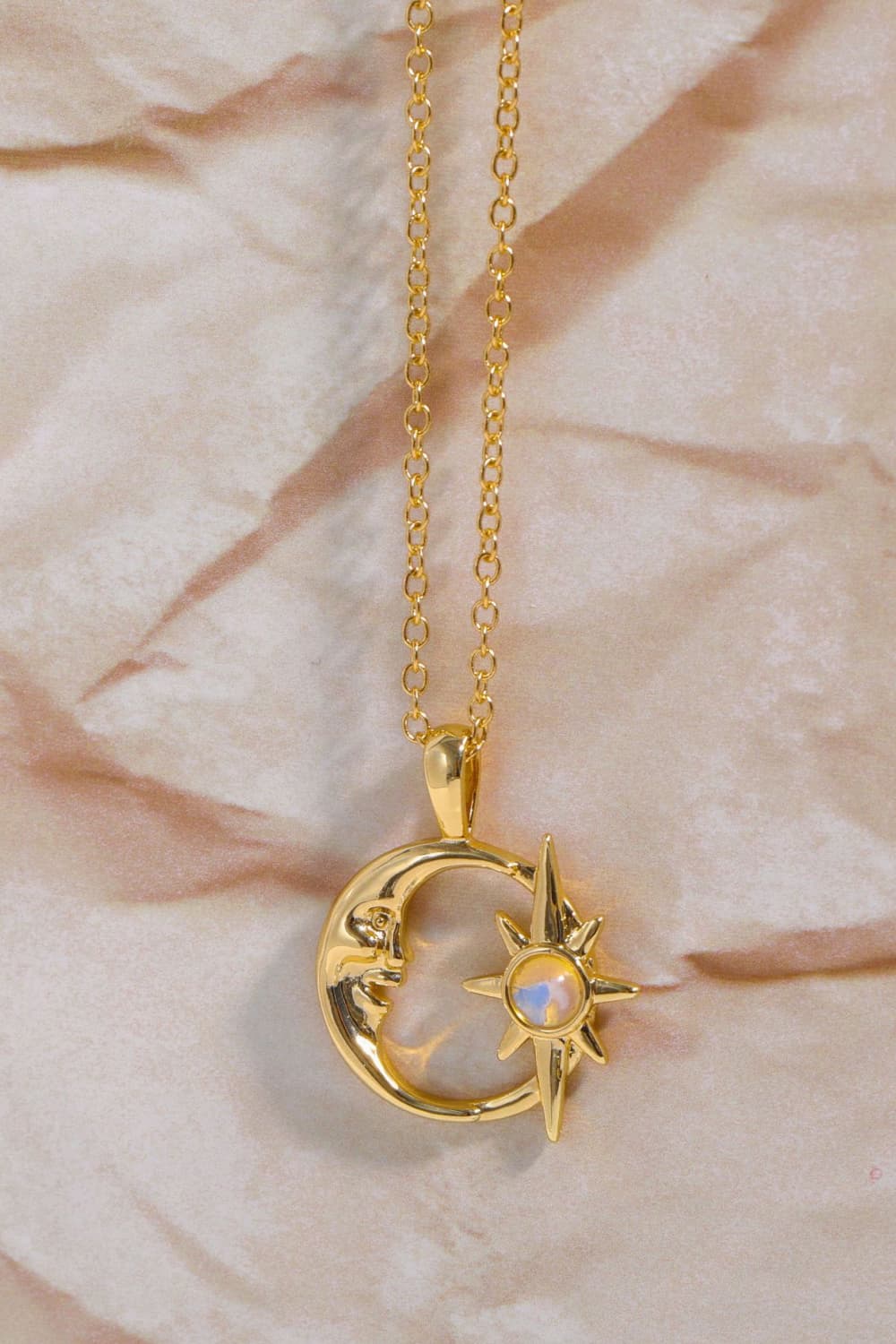 Copper 14K Gold Pleated Moon &amp; Star Shape Pendant Necklace