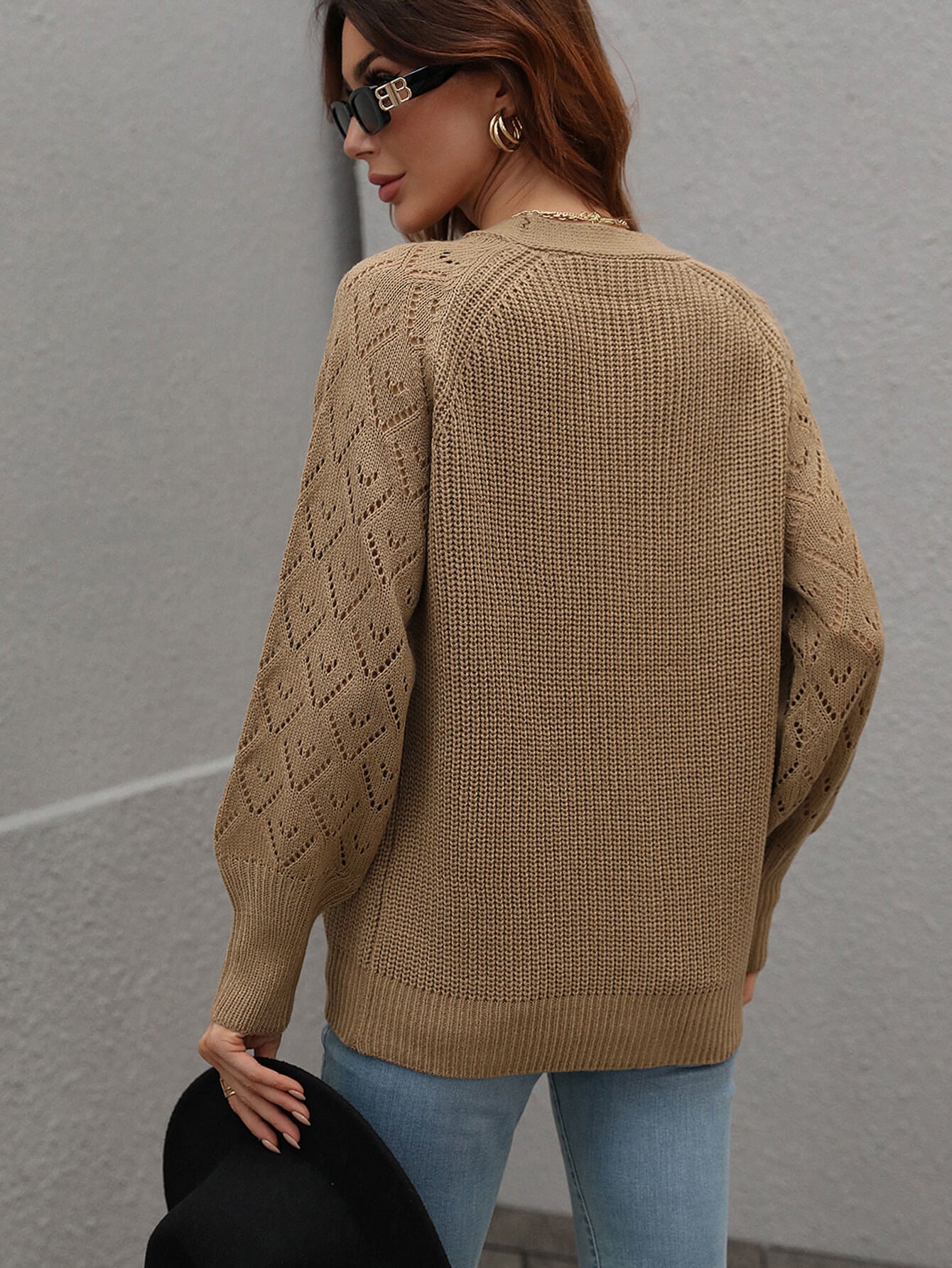 Rib-Knit Plunge Raglan Sleeve Cardigan