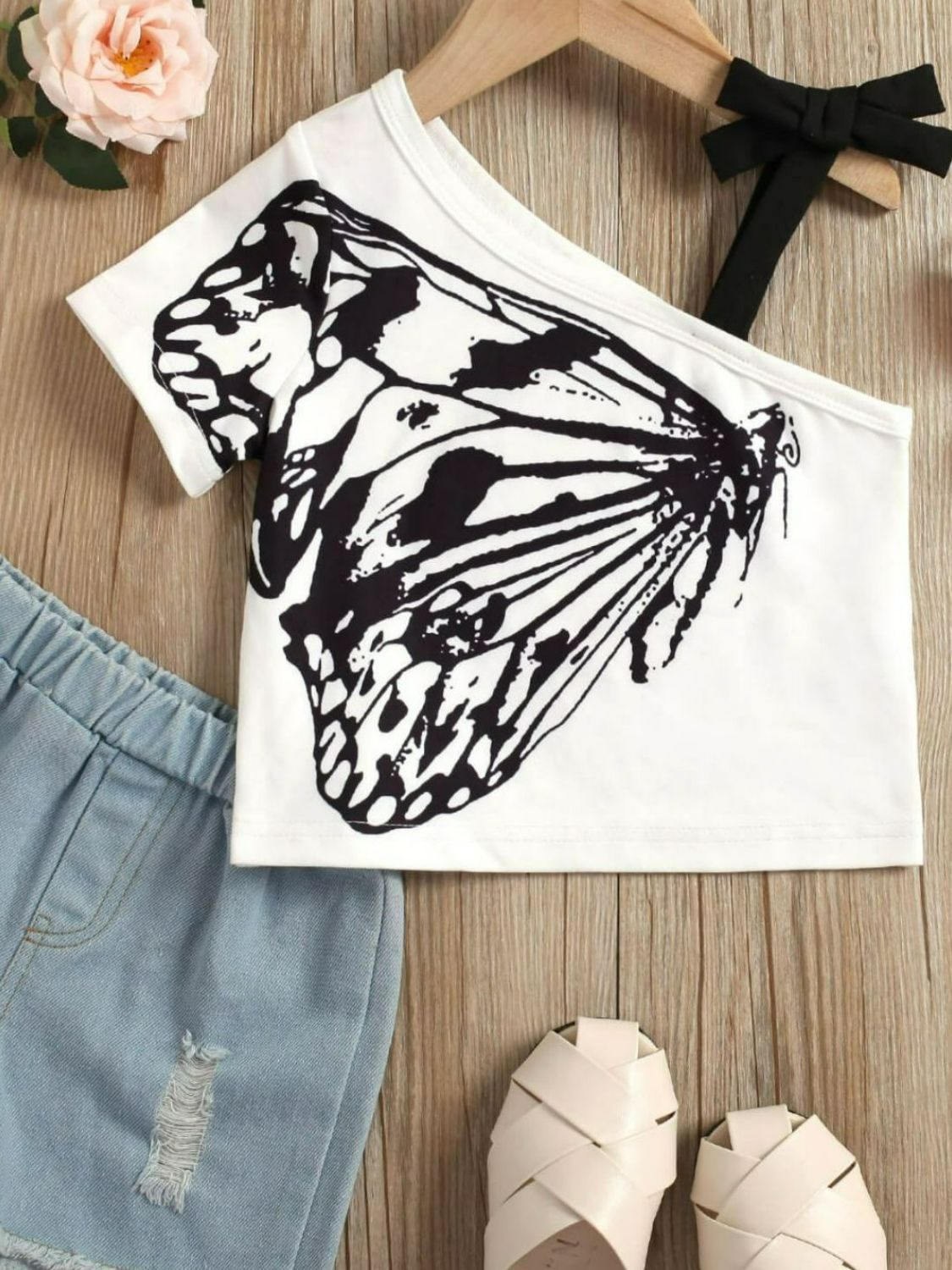 Girls Butterfly Graphic Asymmetrical Neck T-Shirt