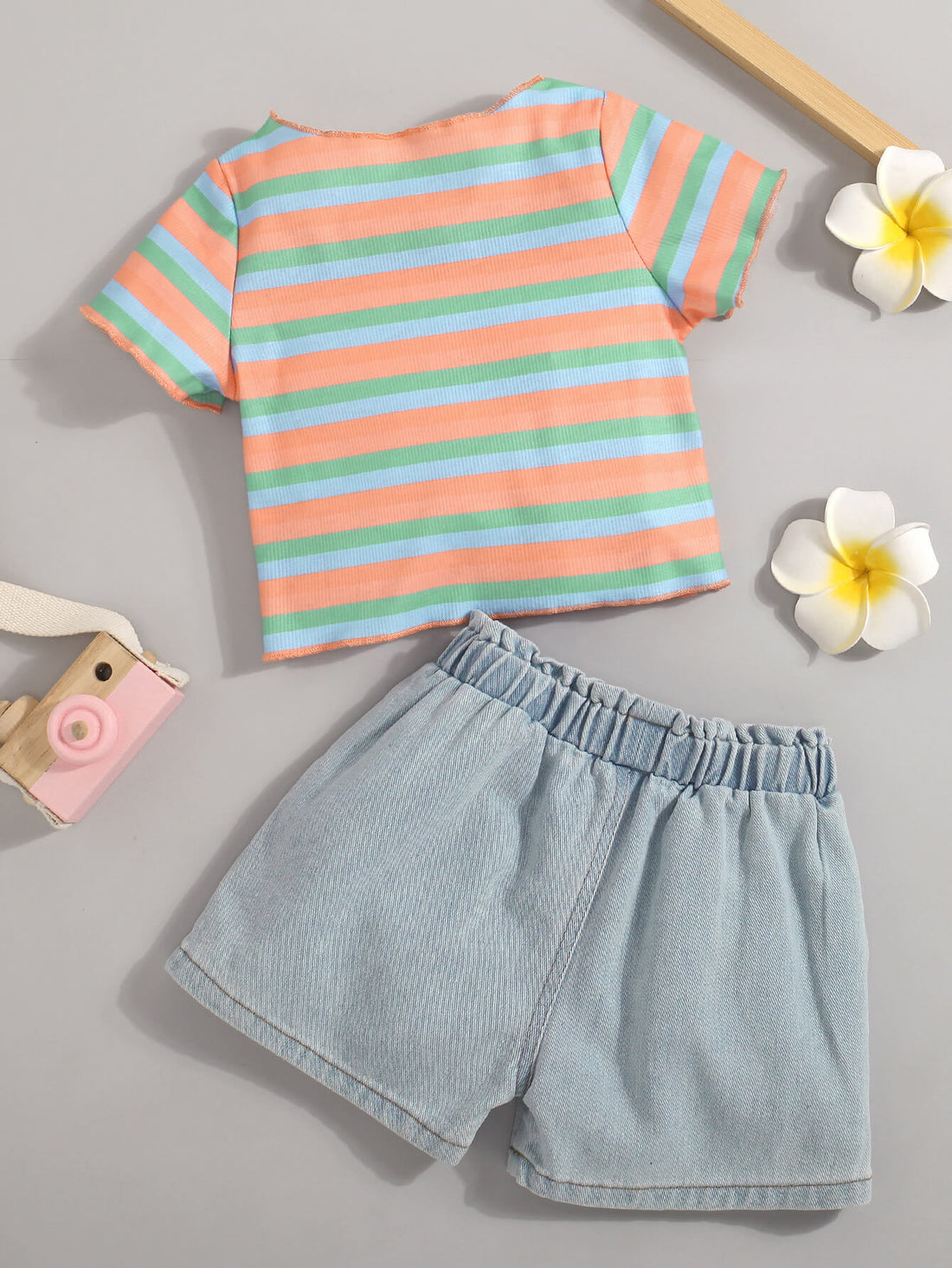 Girls Striped T-Shirt and Button Fly Denim Shorts