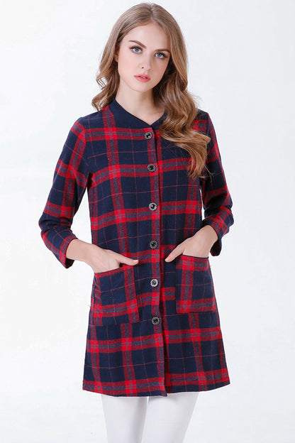 Full Size Plaid Button Down Longline Jacket with Pockets