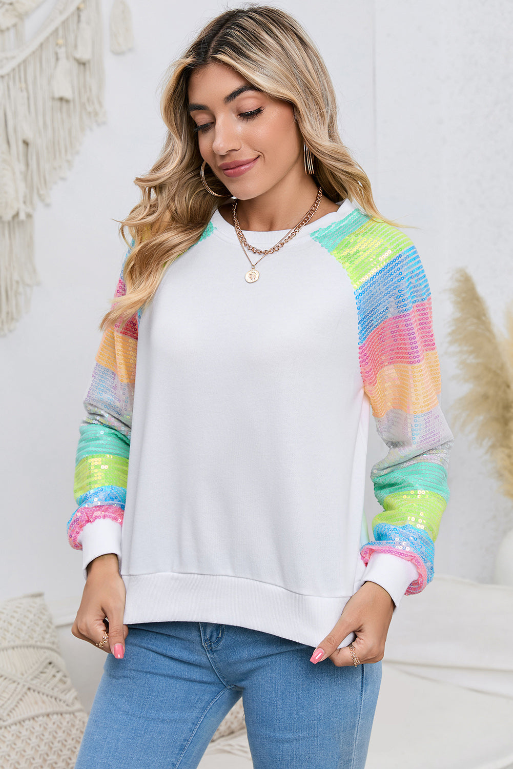 Round Neck Color Block Glitter Sleeve Sweatshirt