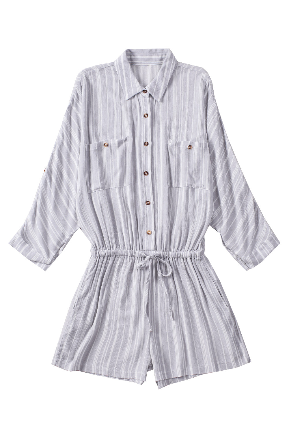 Striped Button Front Drawstring Waist Romper