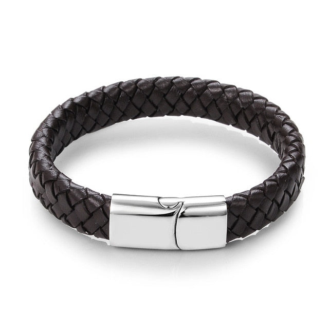 MENS FASHION BLACK/BROWN BRAIDED LEATHER BRACELET STAINLESS STEEL MAGNETIC CLASP FASHION BANGLES