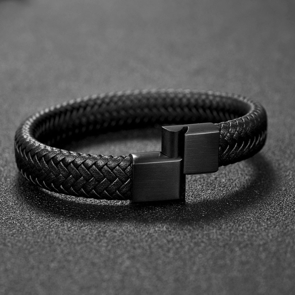 MENS FASHION BLACK/BROWN BRAIDED LEATHER BRACELET STAINLESS STEEL MAGNETIC CLASP FASHION BANGLES