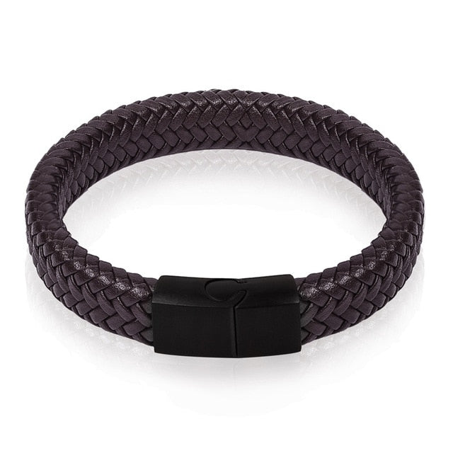 MENS FASHION BLACK/BROWN BRAIDED LEATHER BRACELET STAINLESS STEEL MAGNETIC CLASP FASHION BANGLES