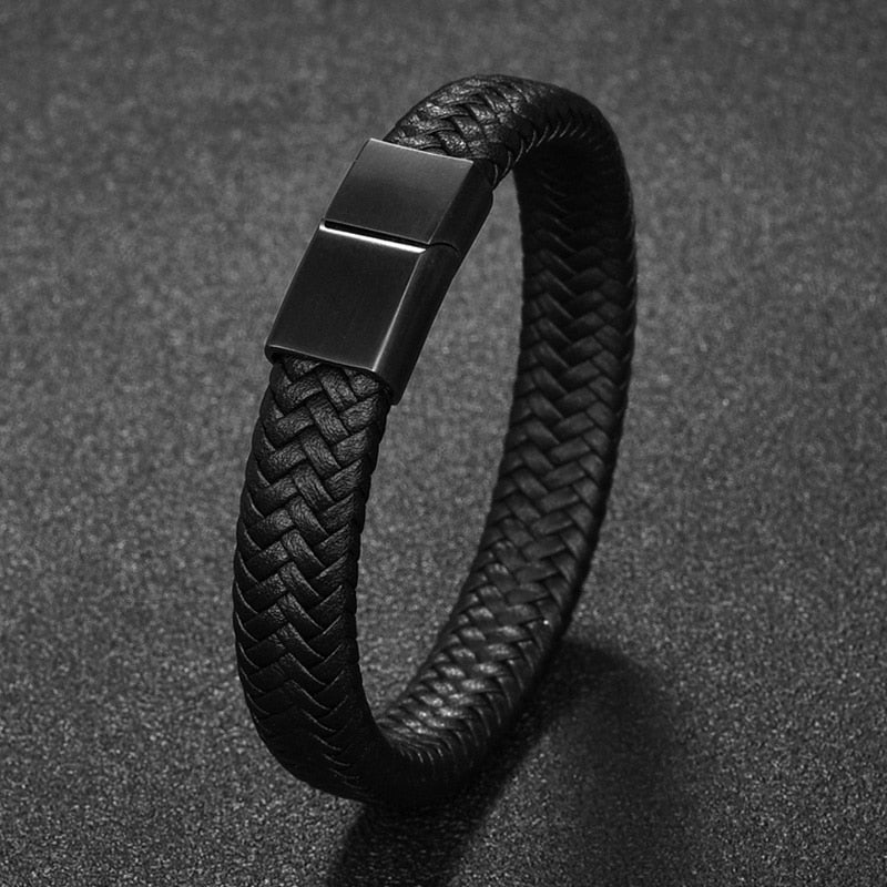 MENS FASHION BLACK/BROWN BRAIDED LEATHER BRACELET STAINLESS STEEL MAGNETIC CLASP FASHION BANGLES