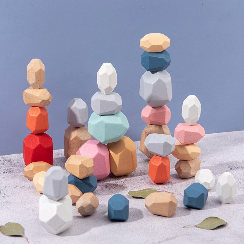 THERAPUTIC! Children Wooden Colored Stone Jenga Building Block Educational Toy Creative Nordic Style Stacking