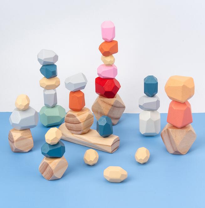 THERAPUTIC! Children Wooden Colored Stone Jenga Building Block Educational Toy Creative Nordic Style Stacking
