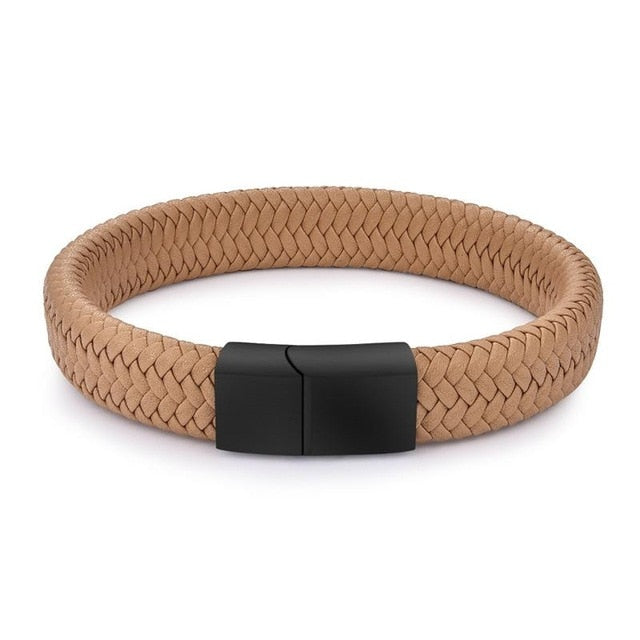 MENS FASHION BLACK/BROWN BRAIDED LEATHER BRACELET STAINLESS STEEL MAGNETIC CLASP FASHION BANGLES