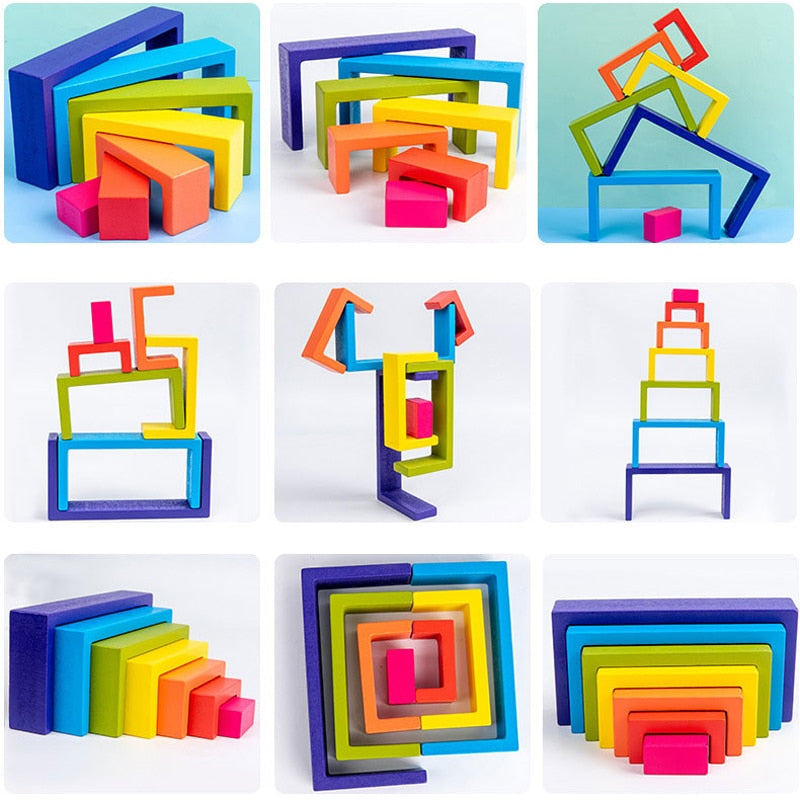 Rainbow Educational Wooden Toys Montessori Creative Building Blocks Wood Toys