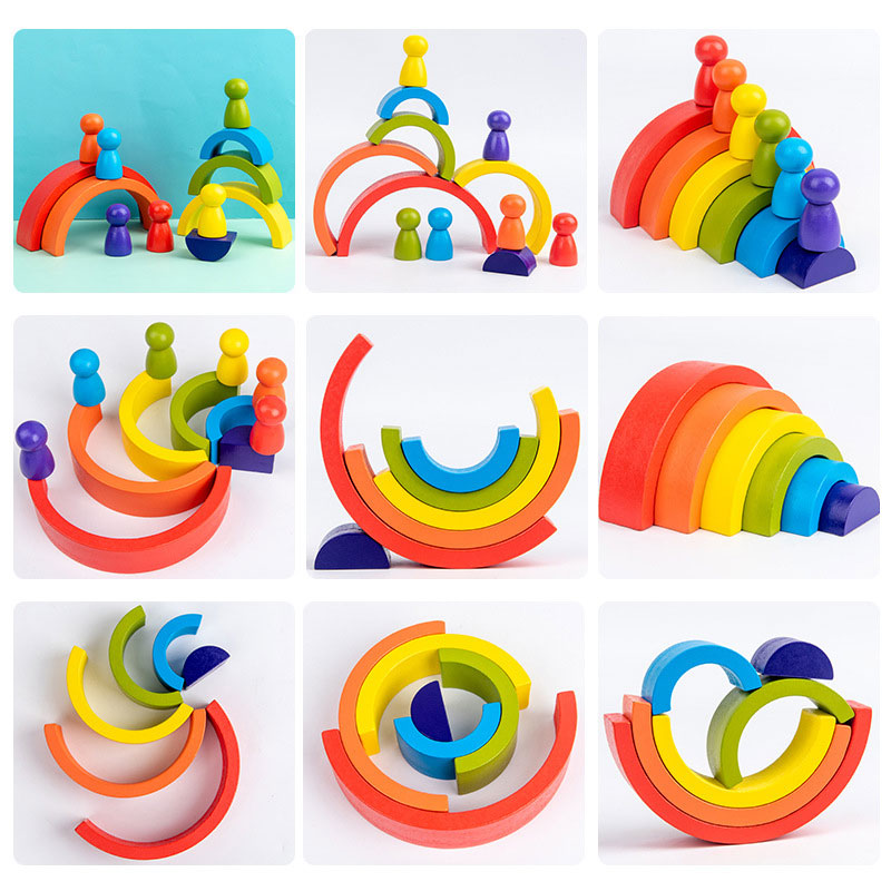 Rainbow Educational Wooden Toys Montessori Creative Building Blocks Wood Toys