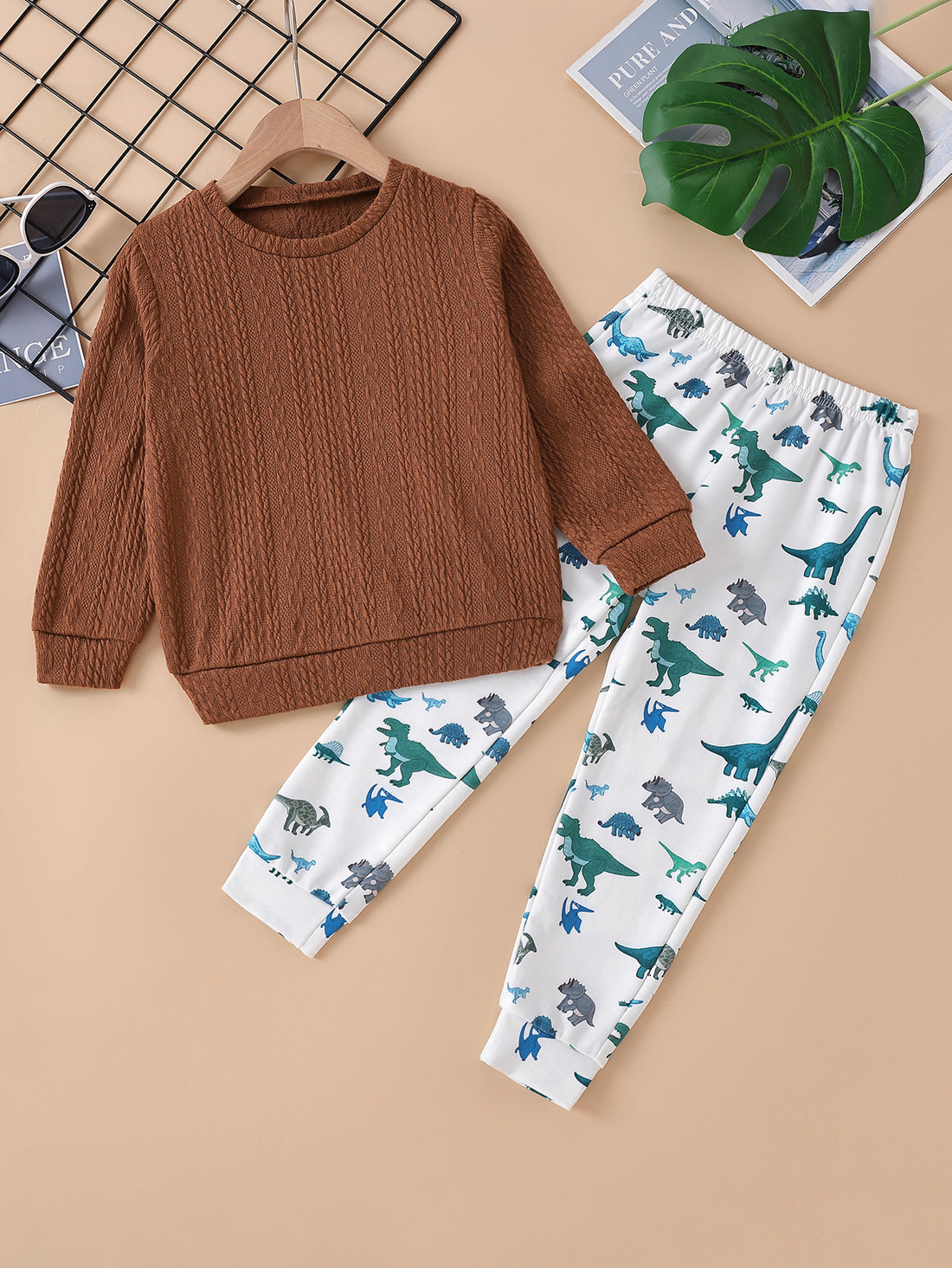 Kids Cable-Knit Print Pullover and Dinosaur Print Pants Set