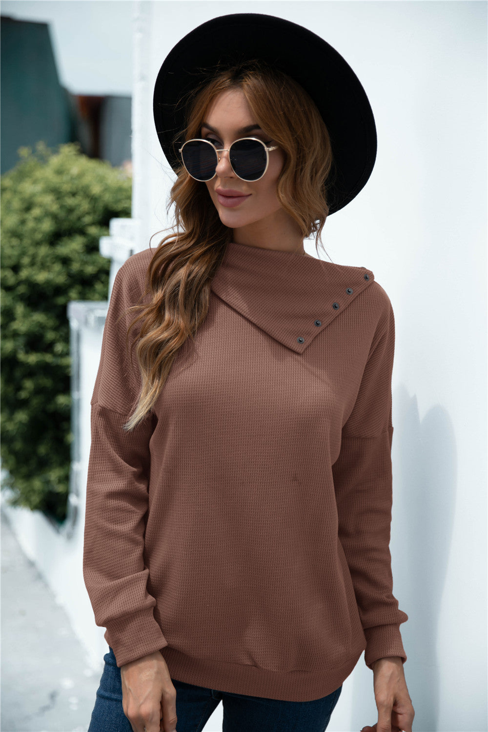 Button Collar Drop Shoulder Knitted Top