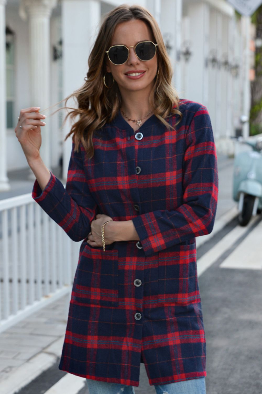 Full Size Plaid Button Down Longline Jacket with Pockets