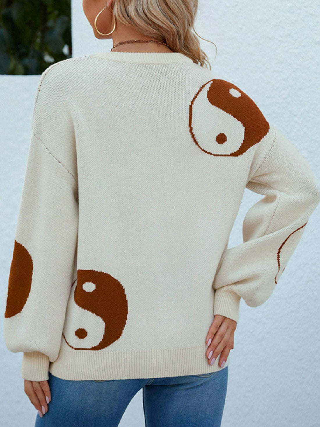 Tai Chi Print Lantern Sleeve Round Neck Sweater