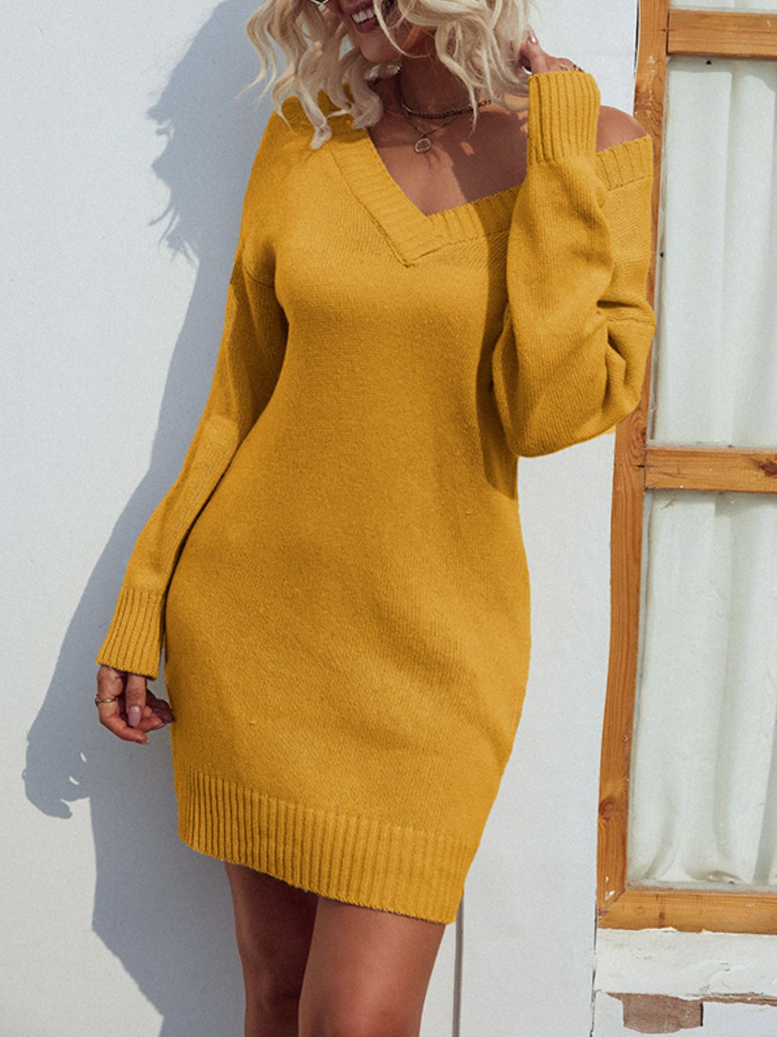 V-Neck Ribbed Trim Sweater Dress- MULTIPLE COLOR OPTIONS