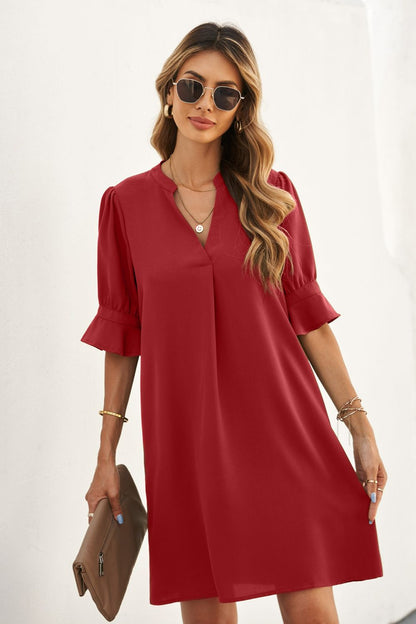 Puff Sleeve Notched Mini Shift Dress Women’s Trendy Fall Fashion - Multiple color options