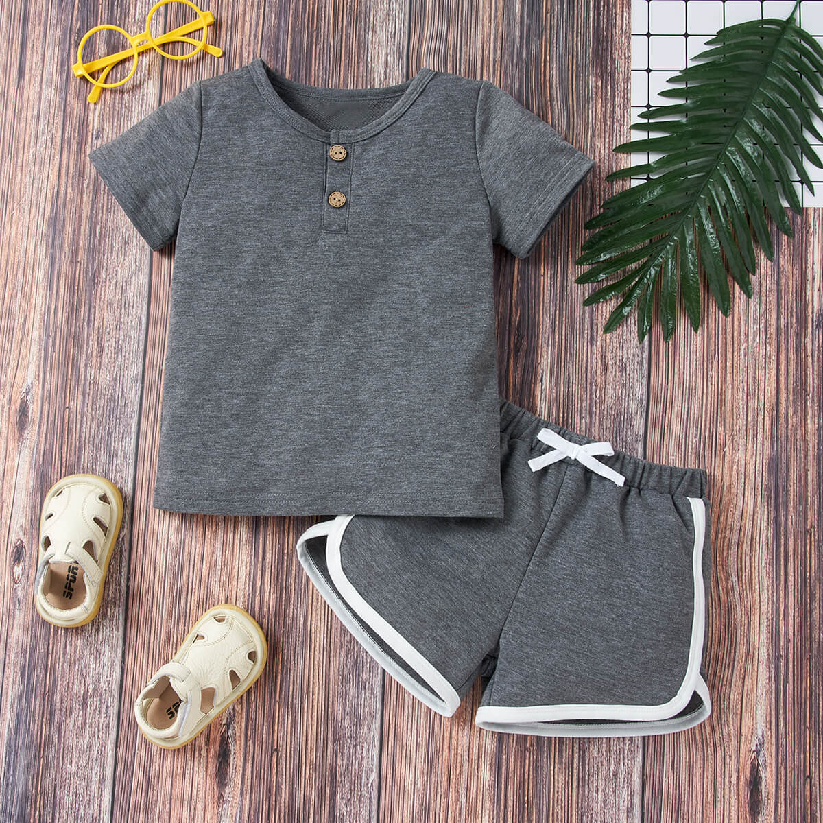 Kids Quarter Button T-Shirt and Drawstring Waist Shorts Set