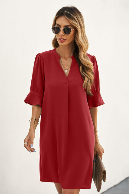 Puff Sleeve Notched Mini Shift Dress Women’s Trendy Fall Fashion - Multiple color options