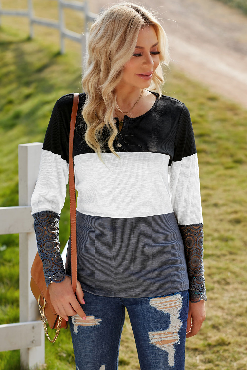 Color Block Spliced Lace Sleeve Ribbed Top - Multiple Options