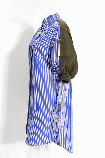 Contrast Striped Lantern Sleeve Shirt Dress