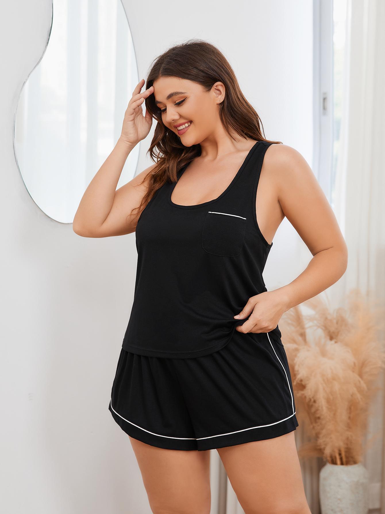 Plus Size Contrast Piping Racerback Tank and Shorts Lounge Set