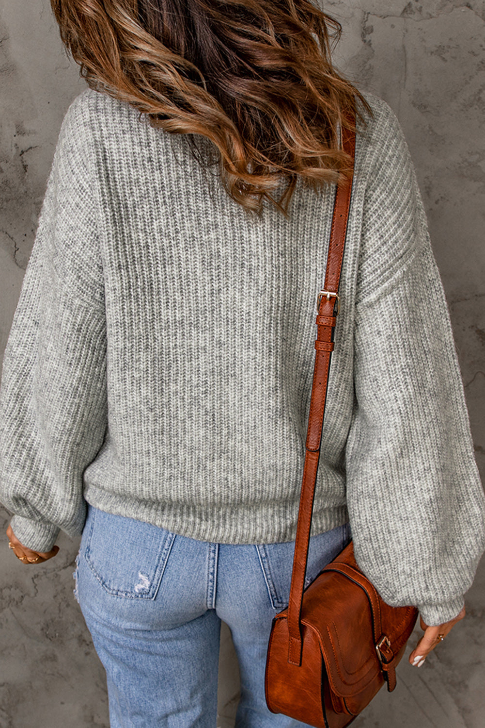 Heathered Balloon Sleeve Rib-Knit Sweater