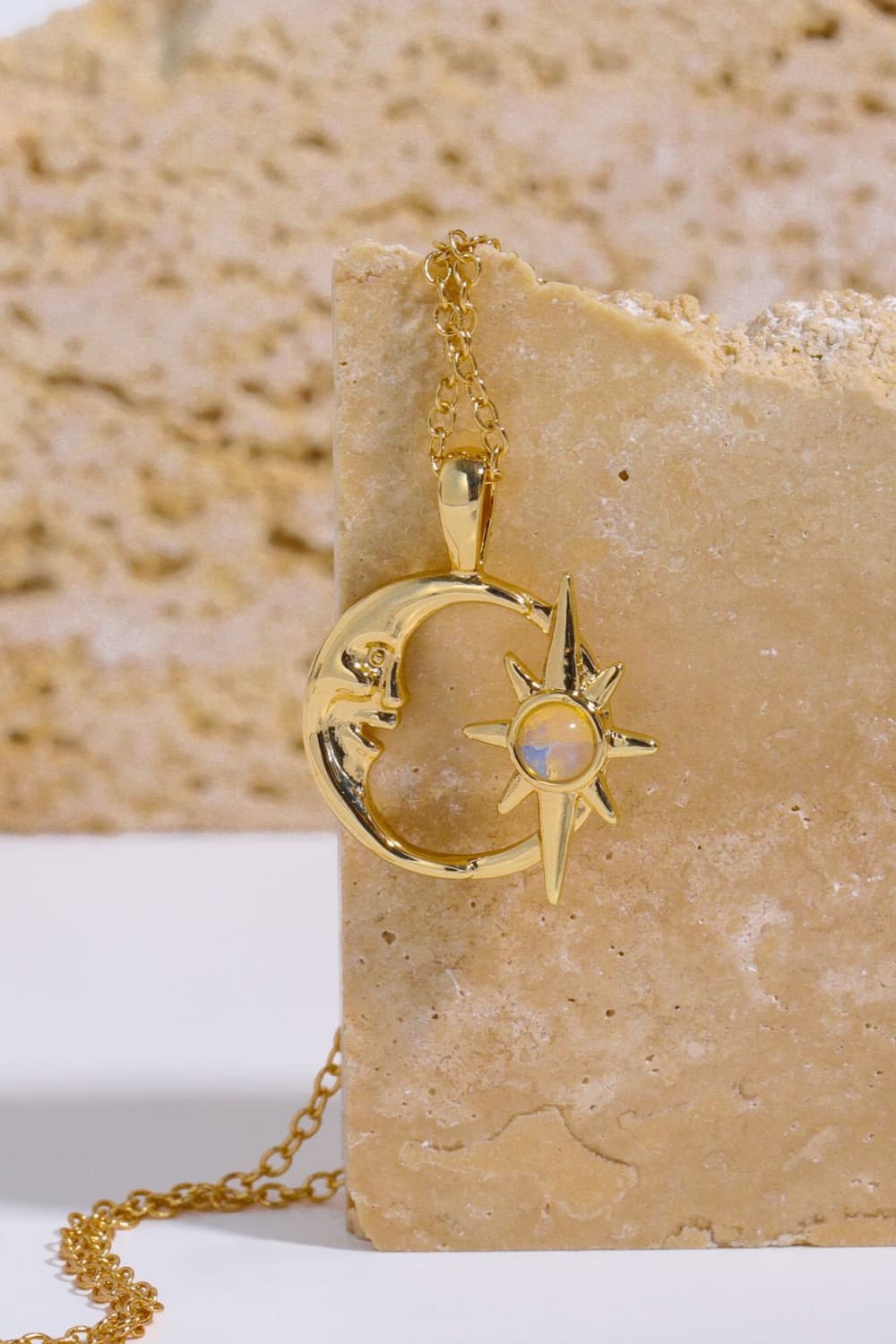 Copper 14K Gold Pleated Moon &amp; Star Shape Pendant Necklace