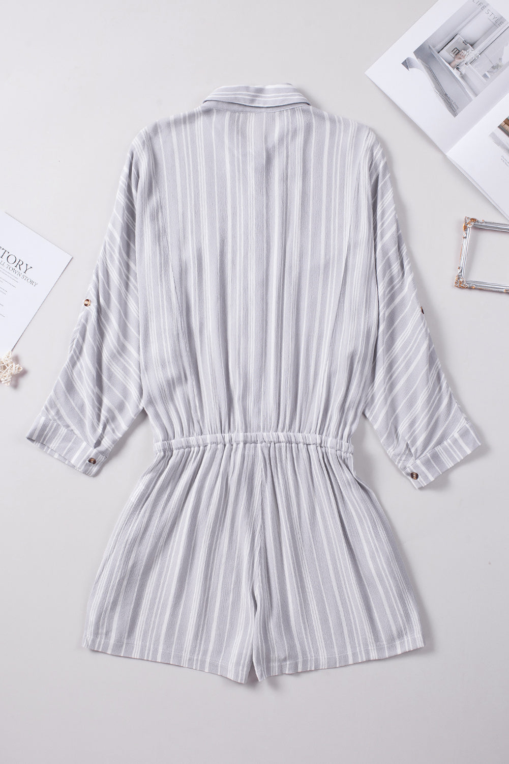 Striped Button Front Drawstring Waist Romper