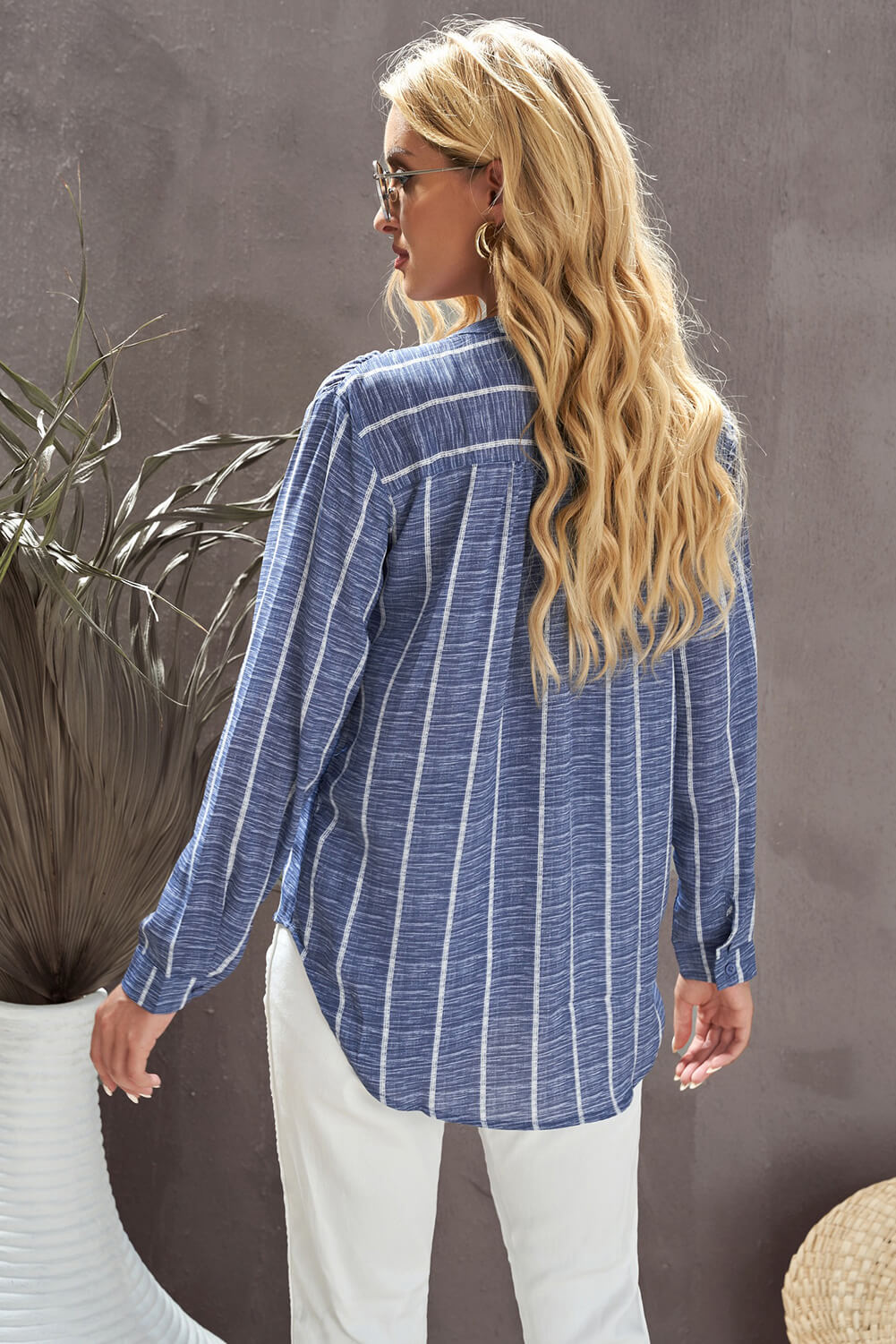 Striped V-Neck High-Low Shirt with Breast Pocket ( multiple color options)