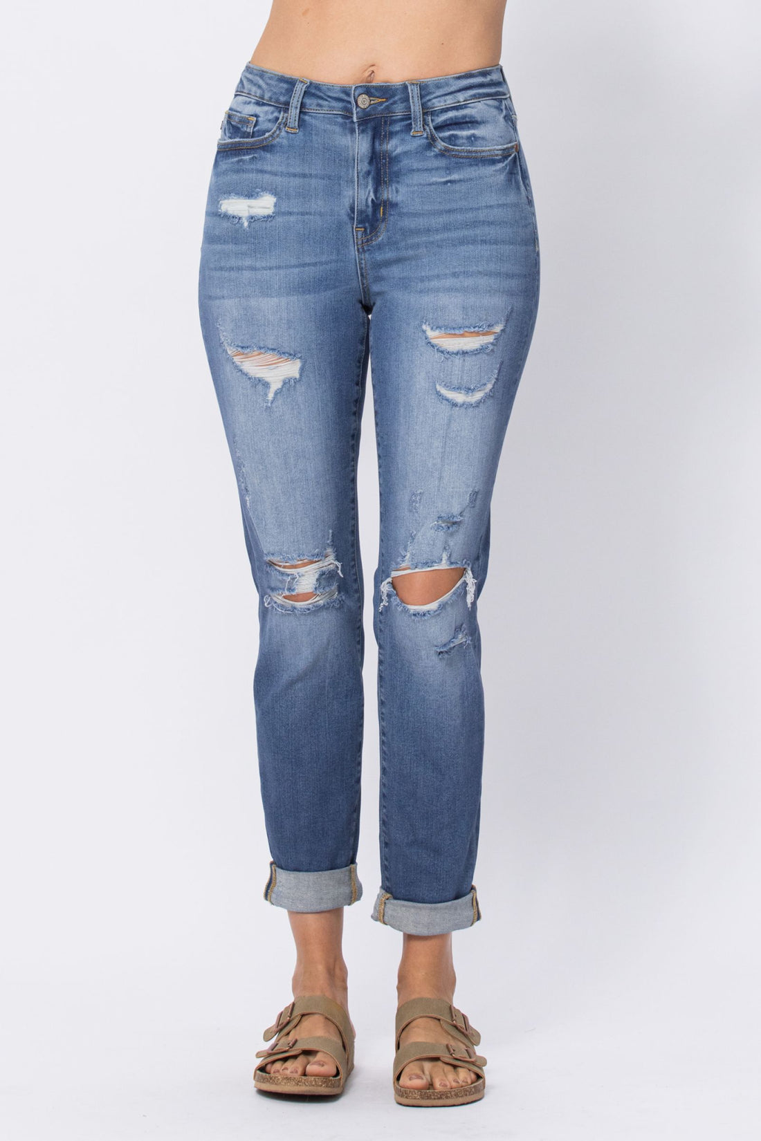 Judy Blue Mid Rise Cuffed Distressed Jeans