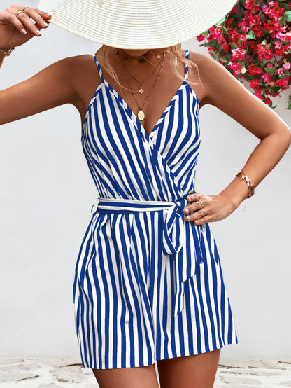 Striped Tie Waist Spaghetti Strap Romper